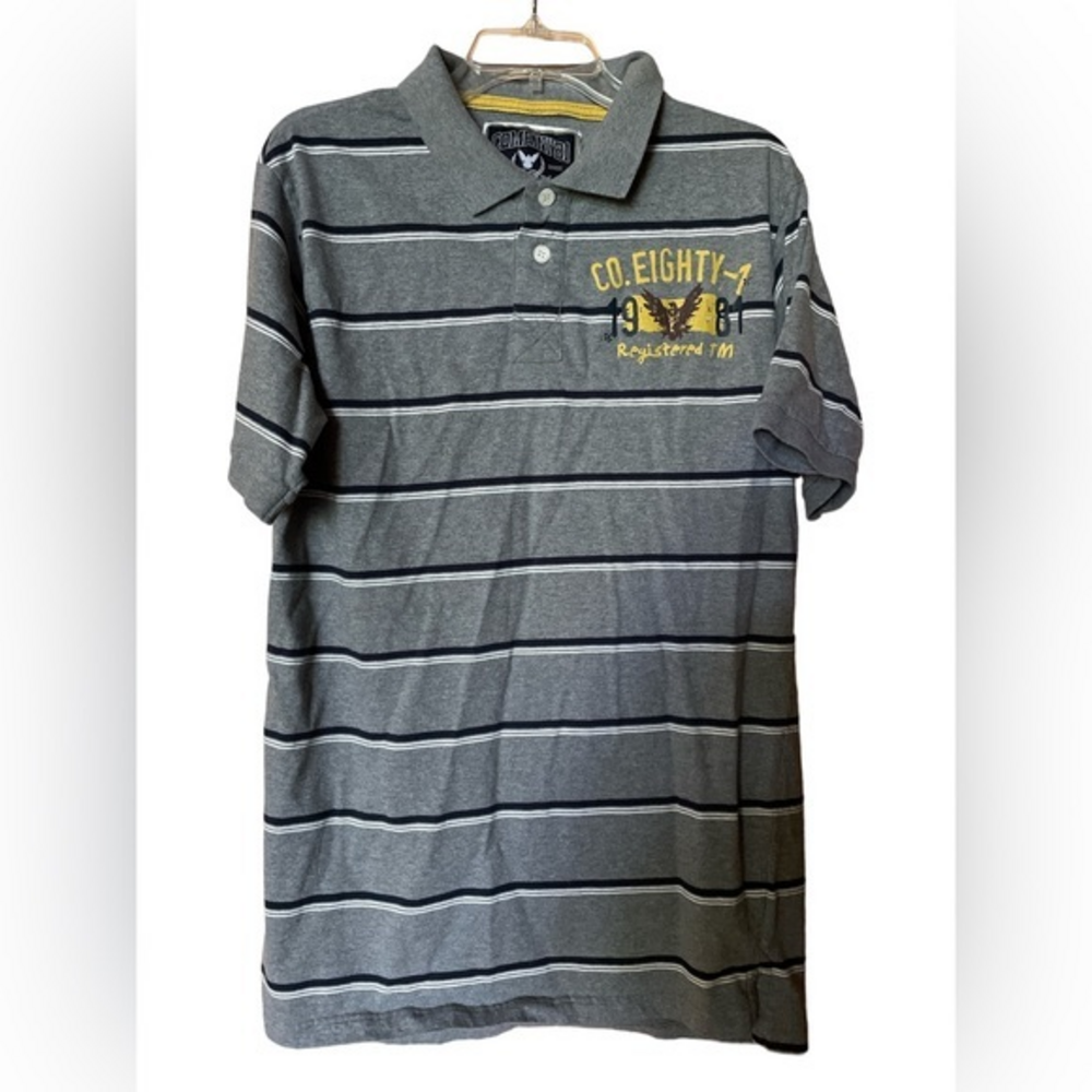 Company 81 Y2K Men’s Striped Graphic Logo Polo Shirt Grey Navy XL‎